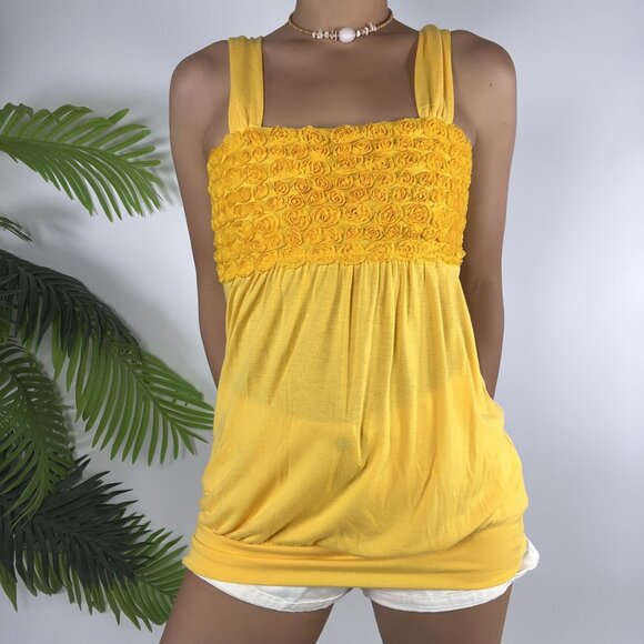 Vintage Y2K Taboo Yellow Floral Fairycore Coquette Smocked Babydoll Top / Small - Picture 1 of 7